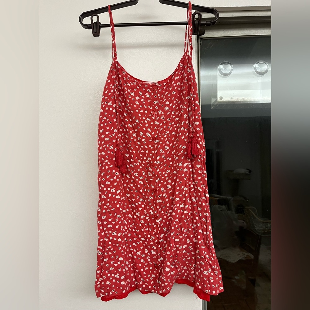 Lush Red Ditsy Floral Print Tie Up Mini Dress Button Front Summer Y2K Vacation